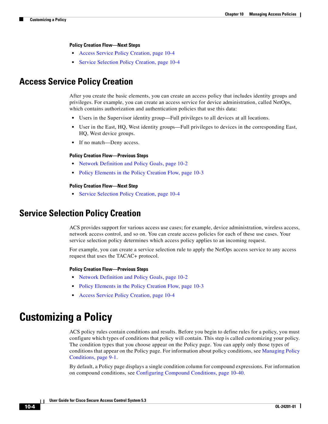 Cisco Systems OL-24201-01 Customizing a Policy, Access Service Policy Creation, Service Selection Policy Creation, 10-4 