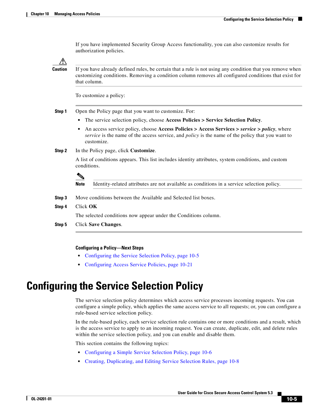 Cisco Systems OL-24201-01 manual Configuring the Service Selection Policy, Configuring a Policy-Next Steps, 10-5 