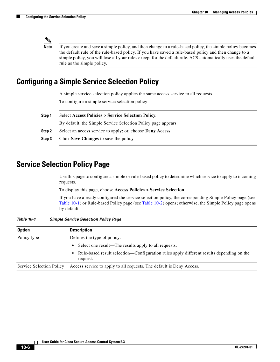 Cisco Systems OL-24201-01 Configuring a Simple Service Selection Policy, Select Access Policies Service Selection Policy 