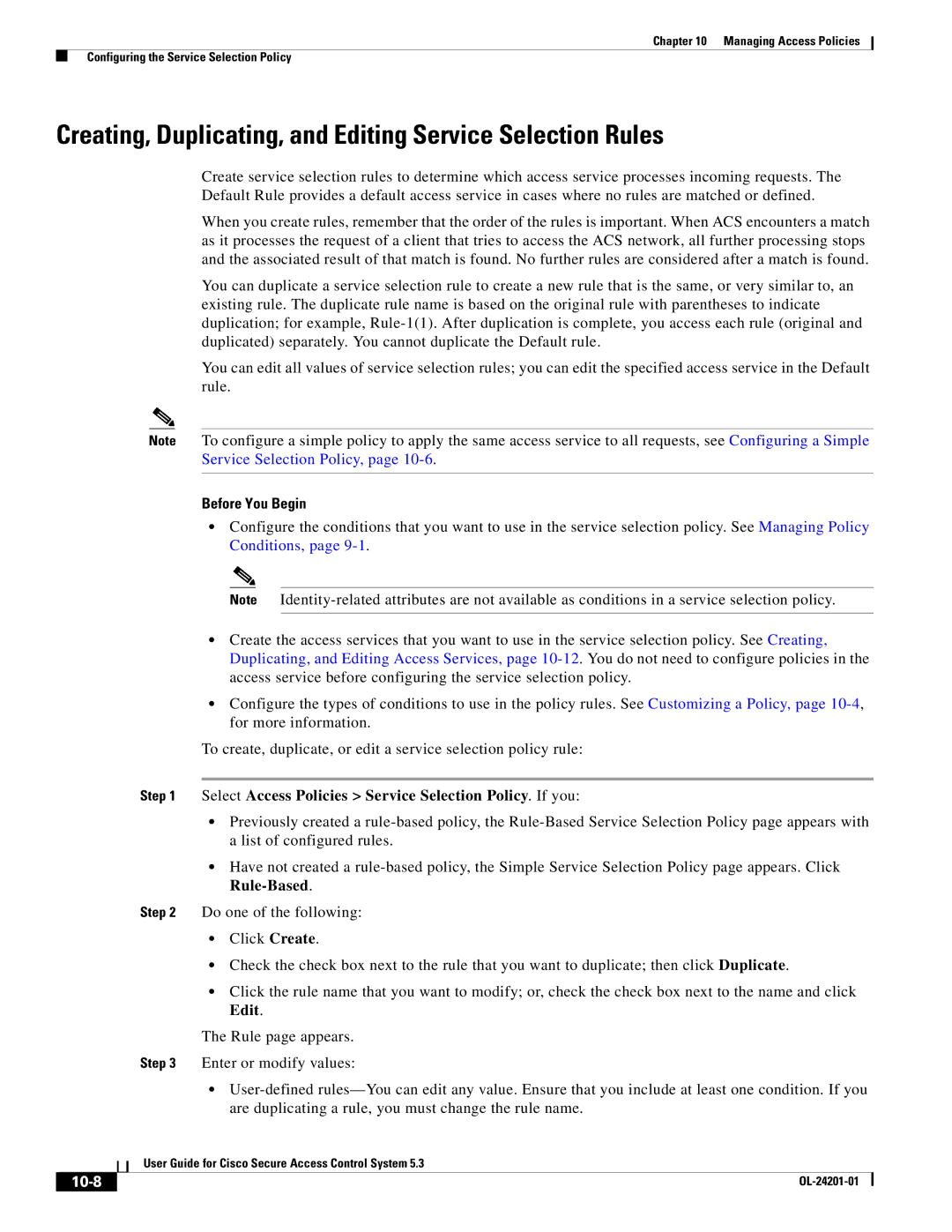 Cisco Systems OL-24201-01 manual Creating, Duplicating, and Editing Service Selection Rules, 10-8 