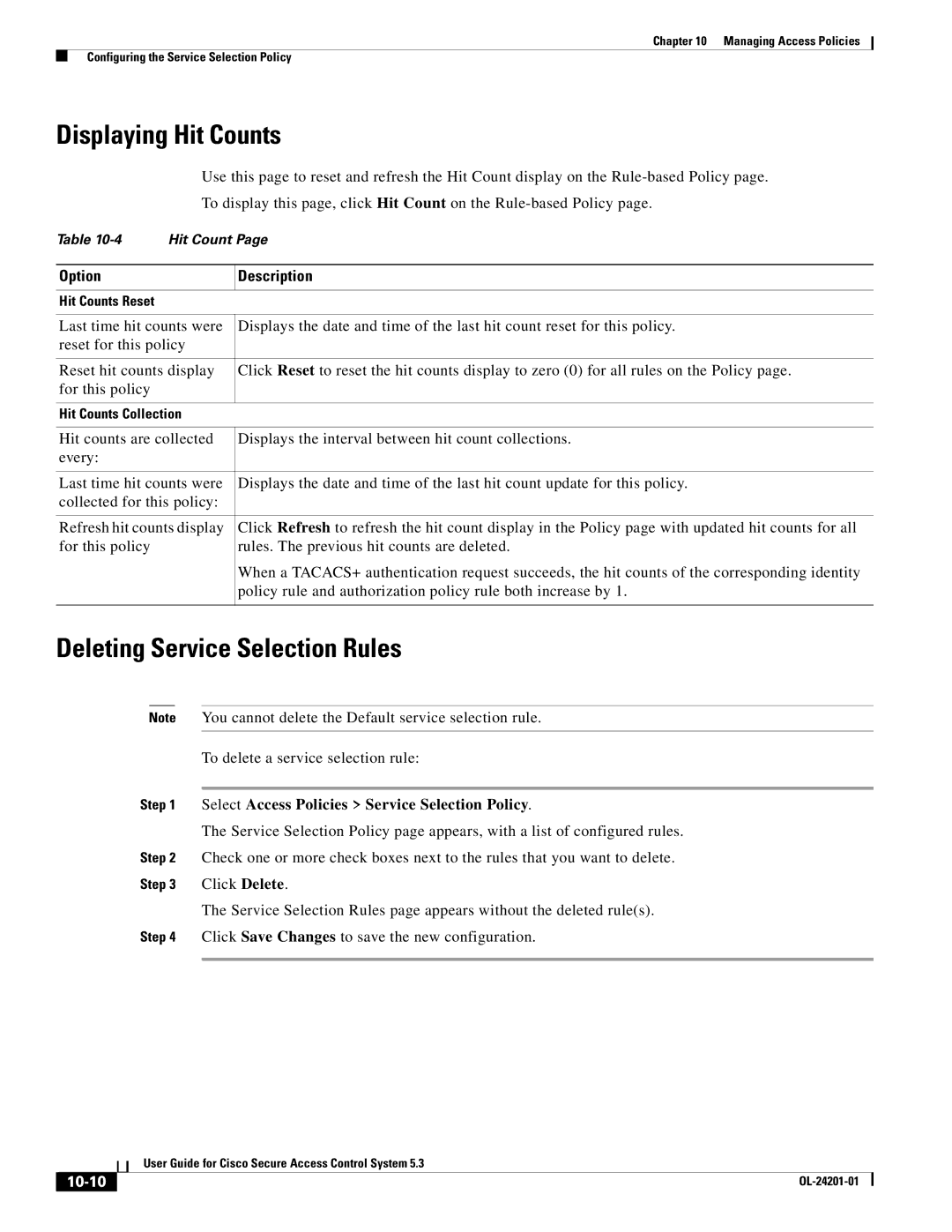 Cisco Systems OL-24201-01 manual Displaying Hit Counts, Deleting Service Selection Rules, 10-10 