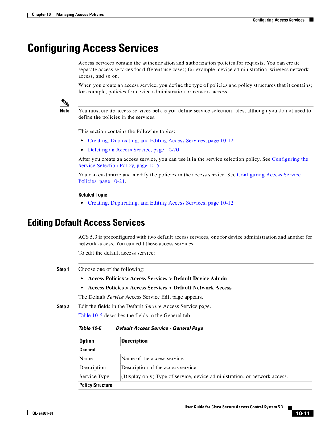 Cisco Systems OL-24201-01 manual Configuring Access Services, Editing Default Access Services, 10-11 