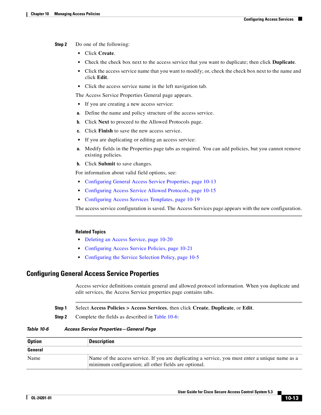 Cisco Systems OL-24201-01 manual Configuring General Access Service Properties, 10-13 
