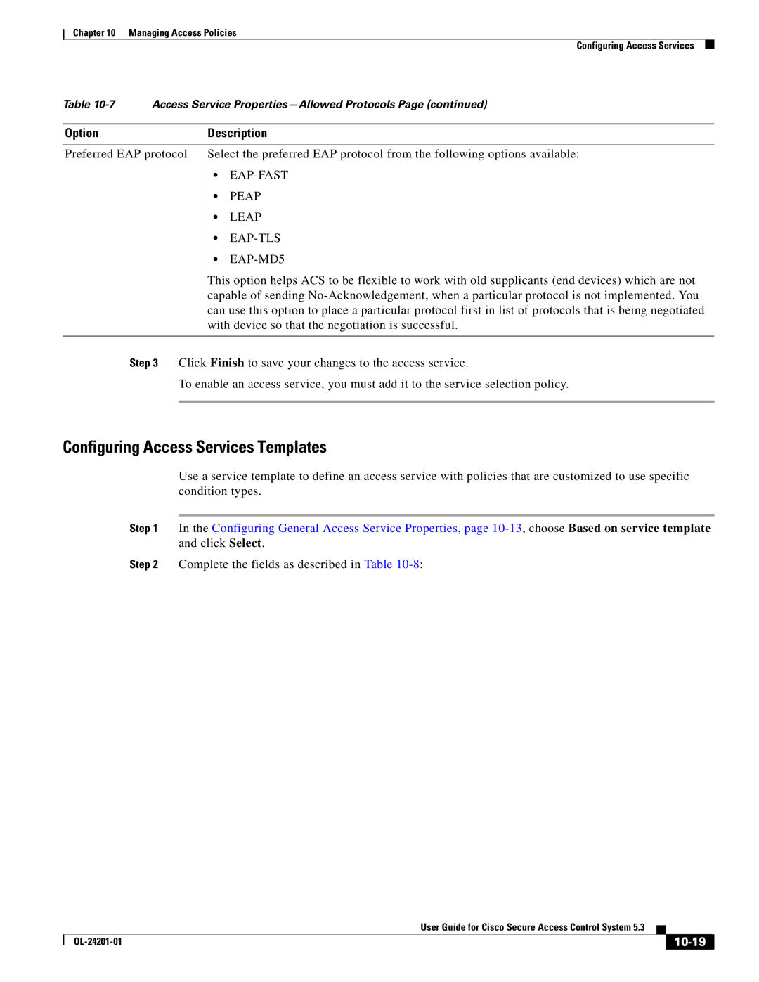 Cisco Systems OL-24201-01 manual Configuring Access Services Templates, 10-19 