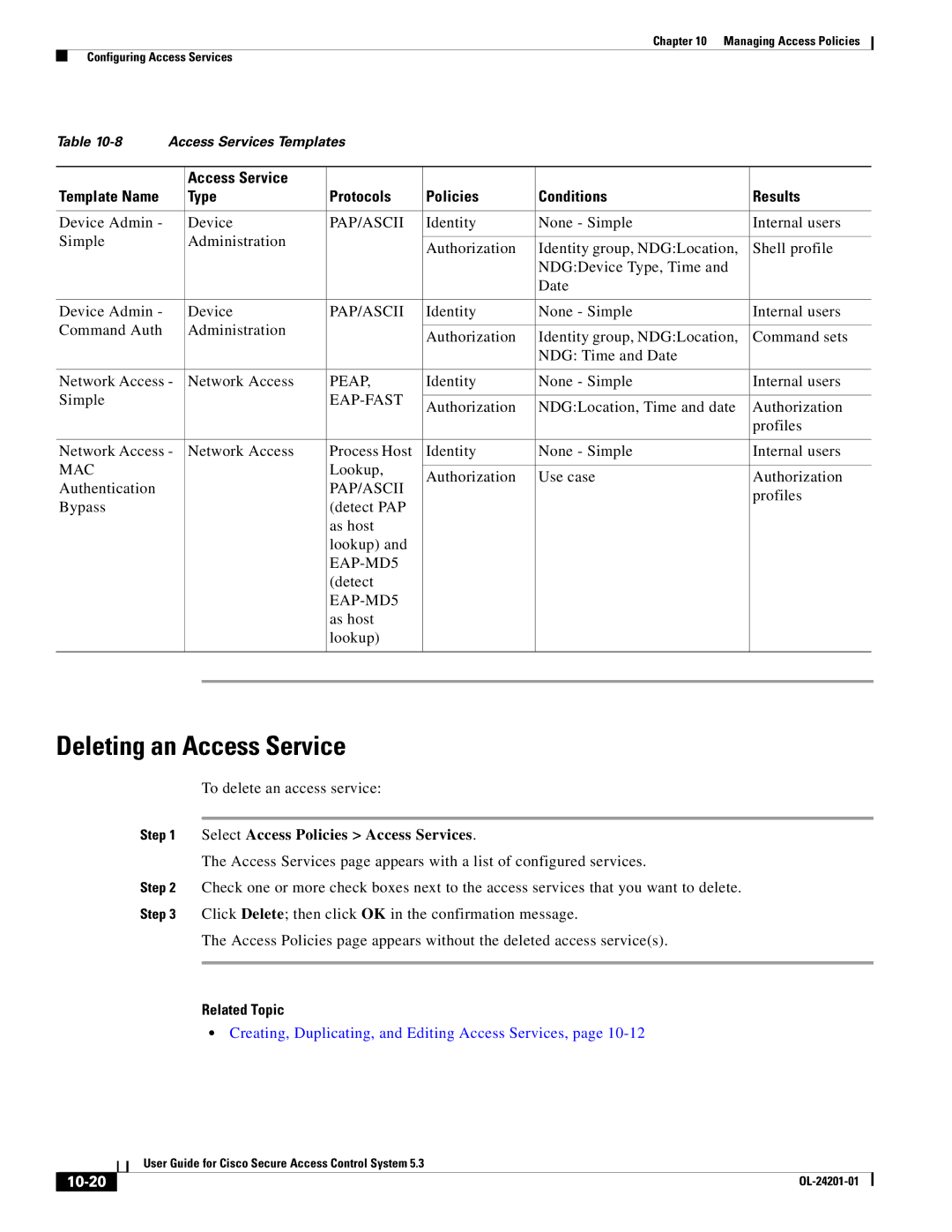 Cisco Systems OL-24201-01 manual Deleting an Access Service, Type Protocols Policies Conditions Results, 10-20 