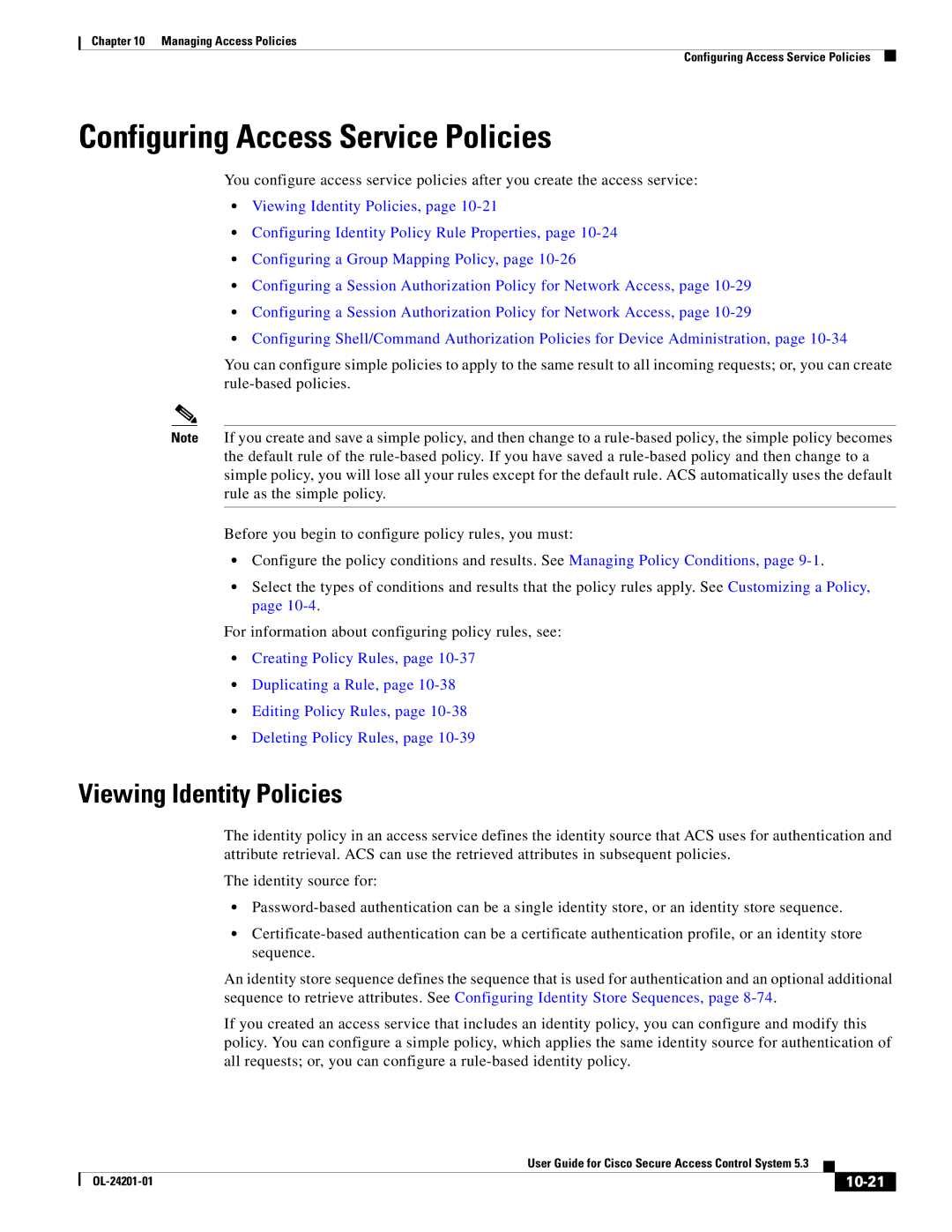 Cisco Systems OL-24201-01 manual Configuring Access Service Policies, Viewing Identity Policies, 10-21 