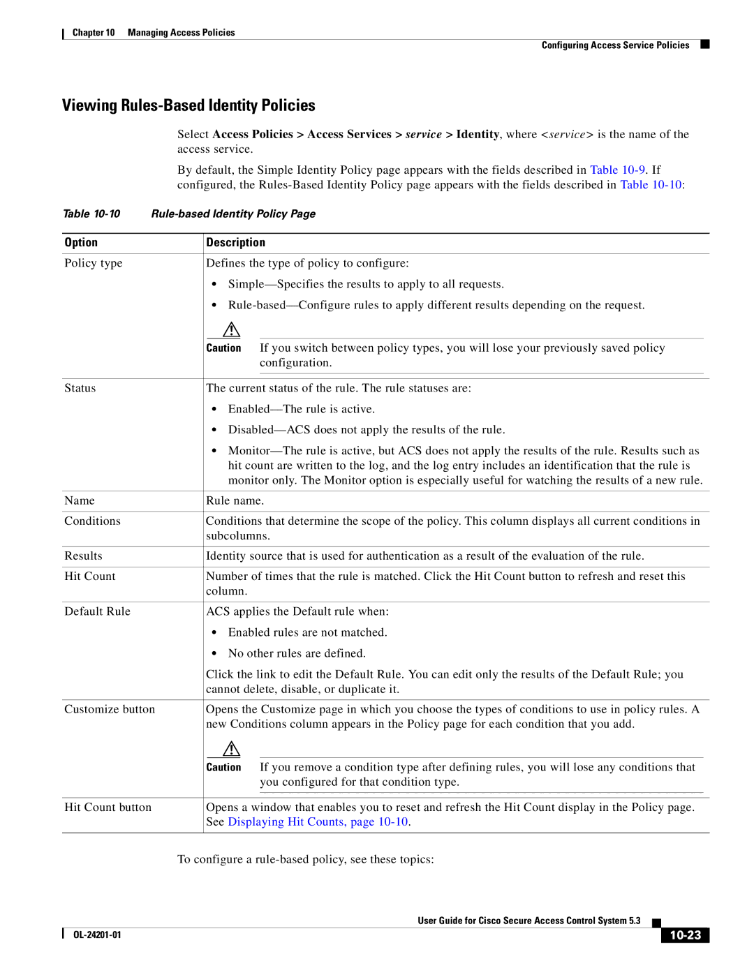 Cisco Systems OL-24201-01 manual Viewing Rules-Based Identity Policies, 10-23 