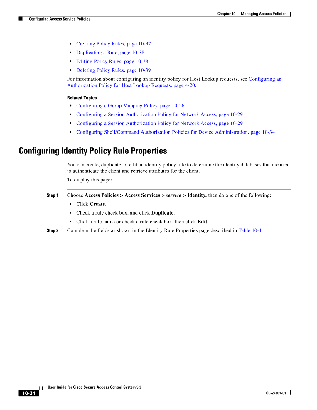 Cisco Systems OL-24201-01 manual Configuring Identity Policy Rule Properties, 10-24 