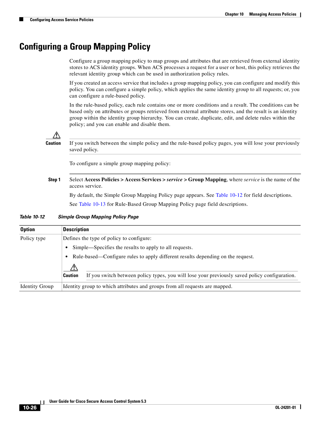 Cisco Systems OL-24201-01 manual Configuring a Group Mapping Policy, 10-26 