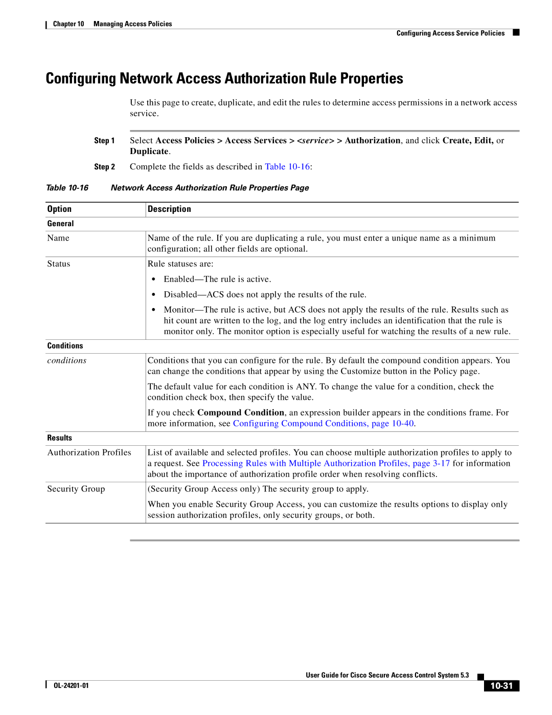 Cisco Systems OL-24201-01 manual Configuring Network Access Authorization Rule Properties, 10-31 