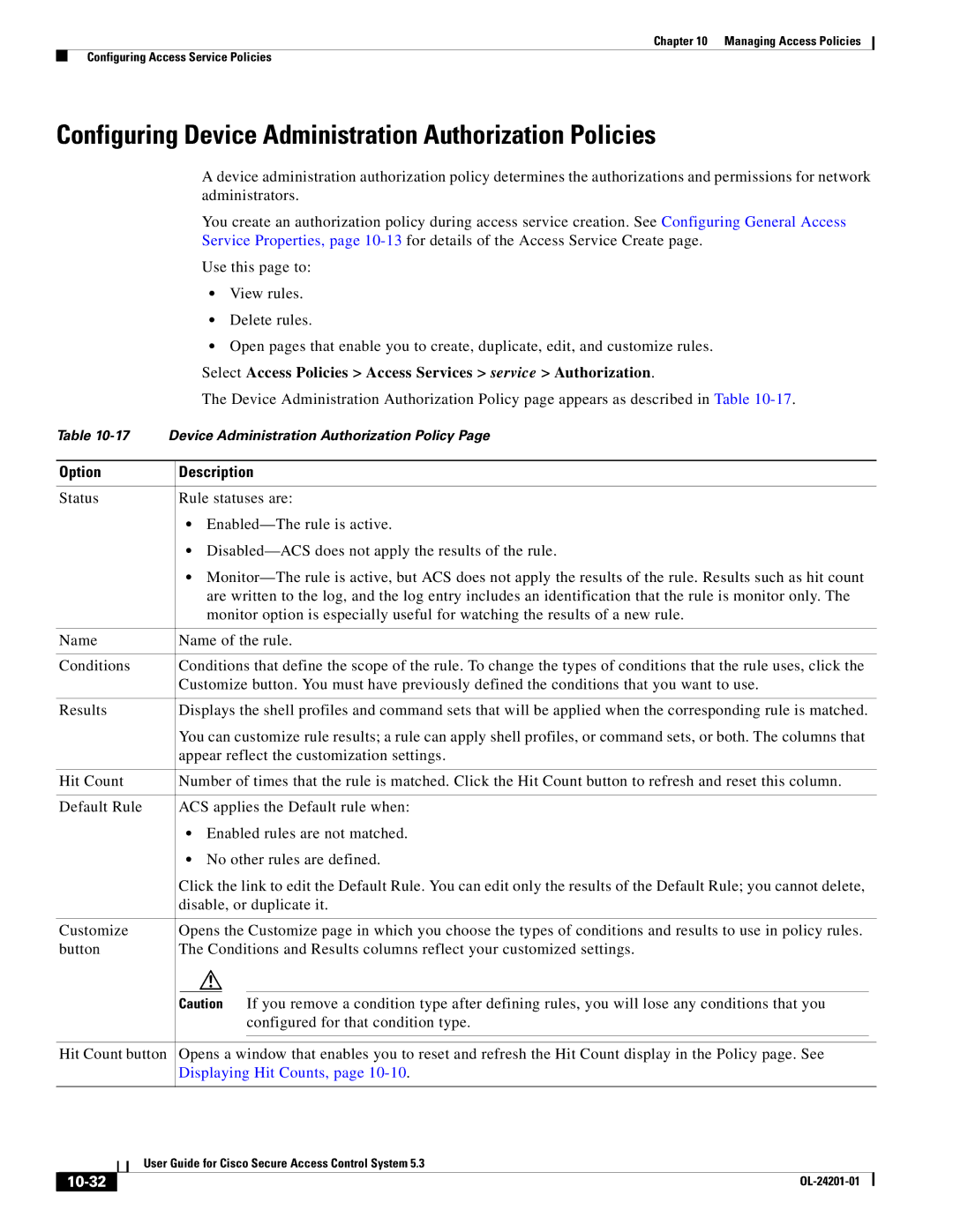 Cisco Systems OL-24201-01 manual Configuring Device Administration Authorization Policies, 10-32 