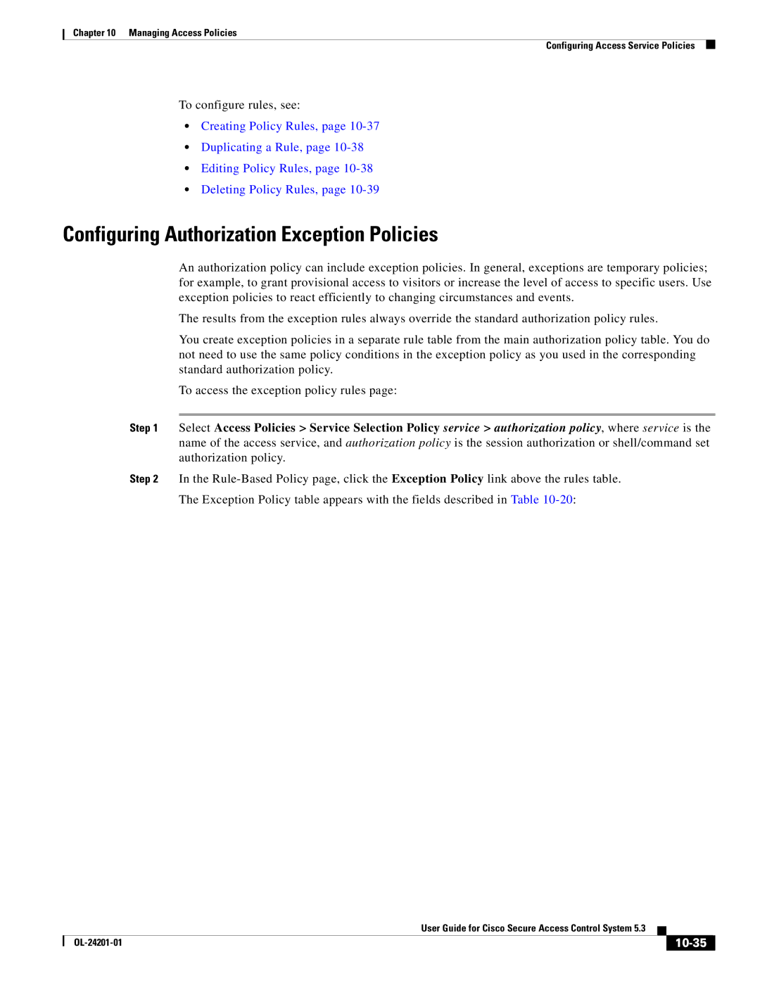 Cisco Systems OL-24201-01 manual Configuring Authorization Exception Policies, 10-35 