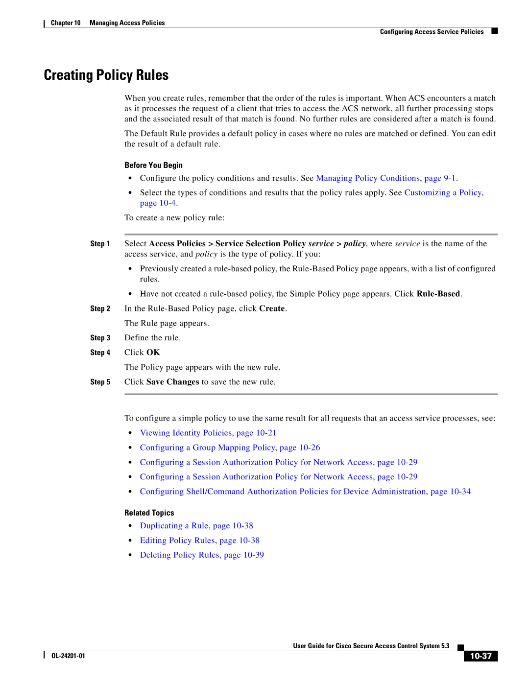 Cisco Systems OL-24201-01 manual Creating Policy Rules, 10-37 