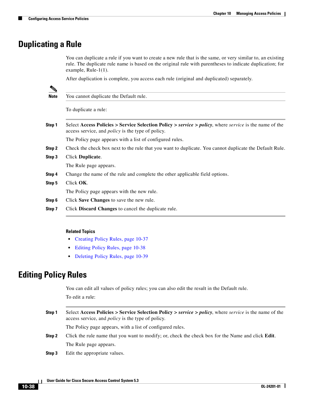 Cisco Systems OL-24201-01 manual Duplicating a Rule, Editing Policy Rules, 10-38 