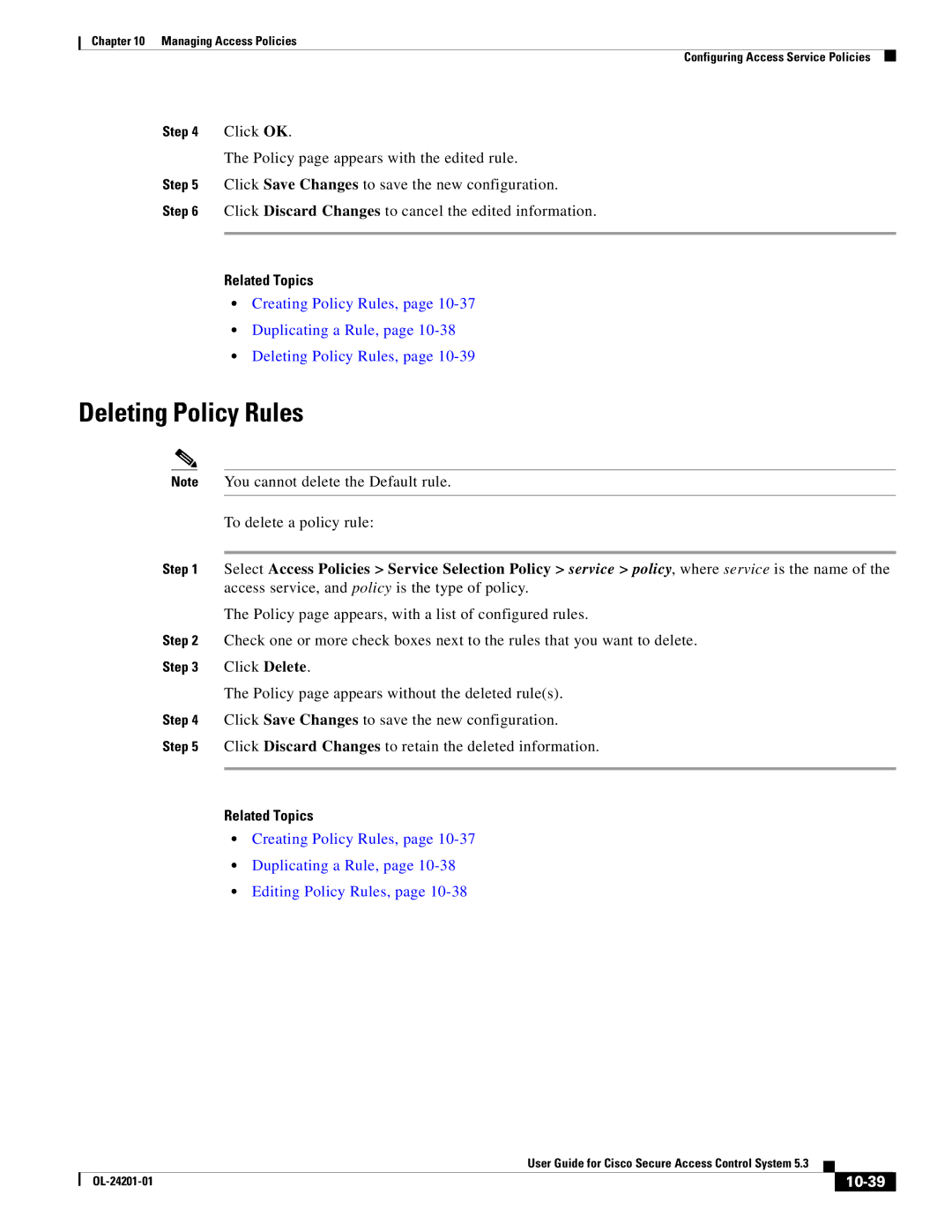 Cisco Systems OL-24201-01 manual Deleting Policy Rules, 10-39 