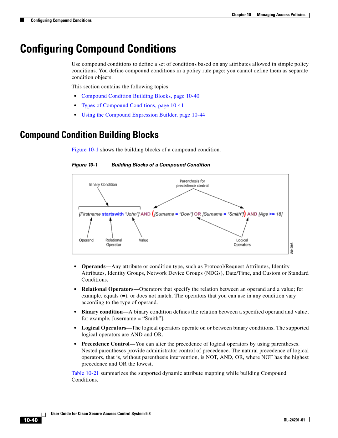 Cisco Systems OL-24201-01 manual Configuring Compound Conditions, Compound Condition Building Blocks, 10-40 