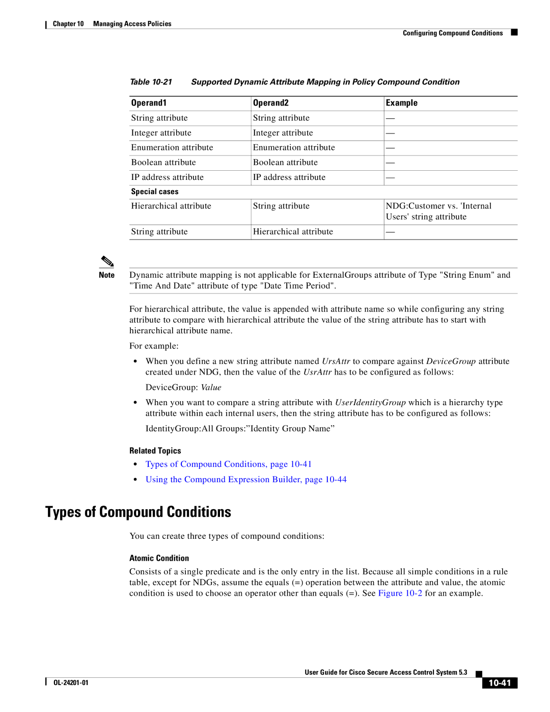 Cisco Systems OL-24201-01 manual Types of Compound Conditions, Operand1 Operand2 Example, Atomic Condition, 10-41 