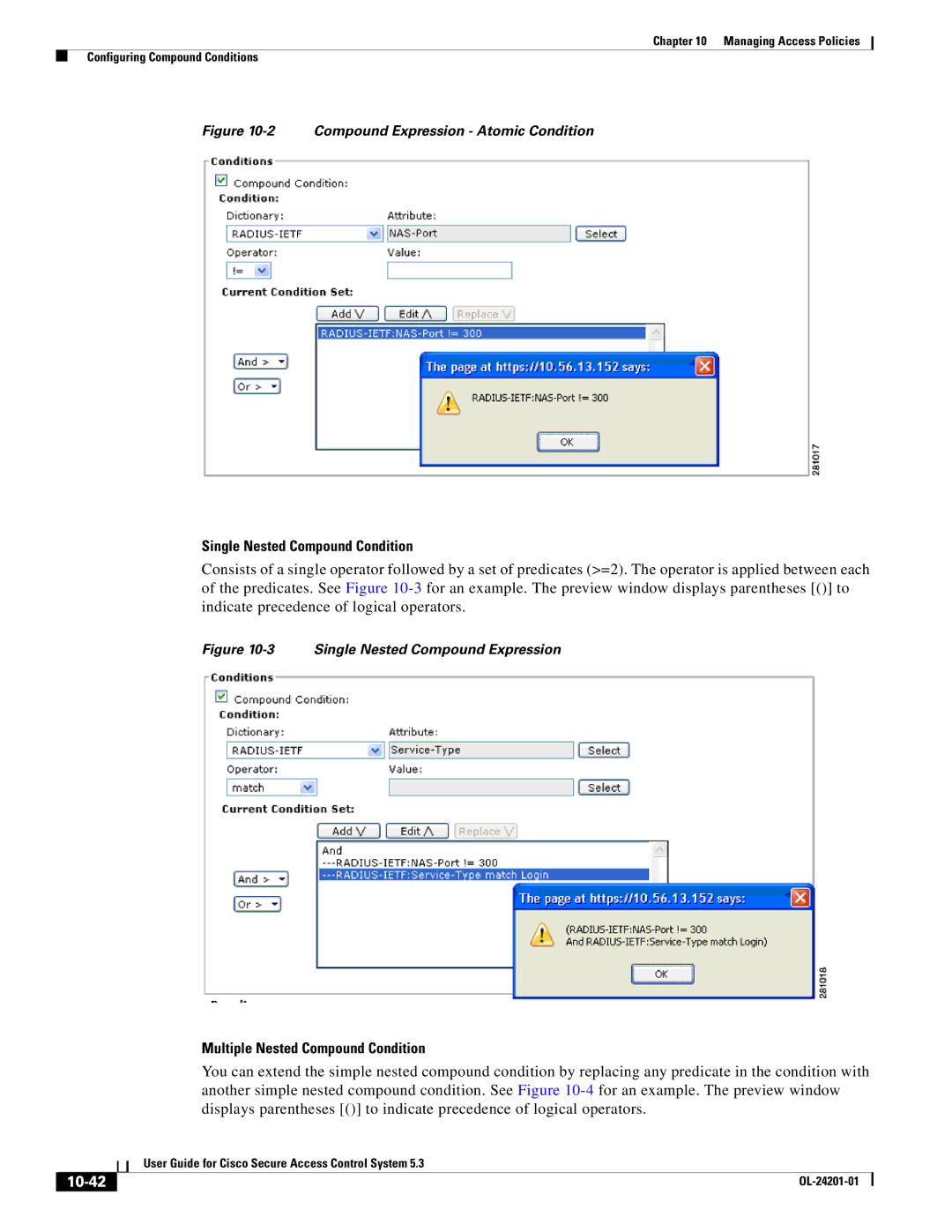 Cisco Systems OL-24201-01 manual Single Nested Compound Condition, Multiple Nested Compound Condition, 10-42 