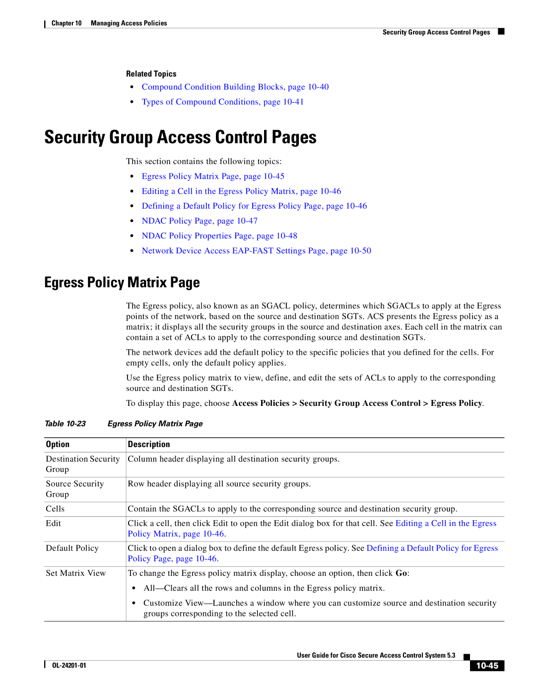 Cisco Systems OL-24201-01 manual Security Group Access Control Pages, Egress Policy Matrix, Policy Page, 10-45 