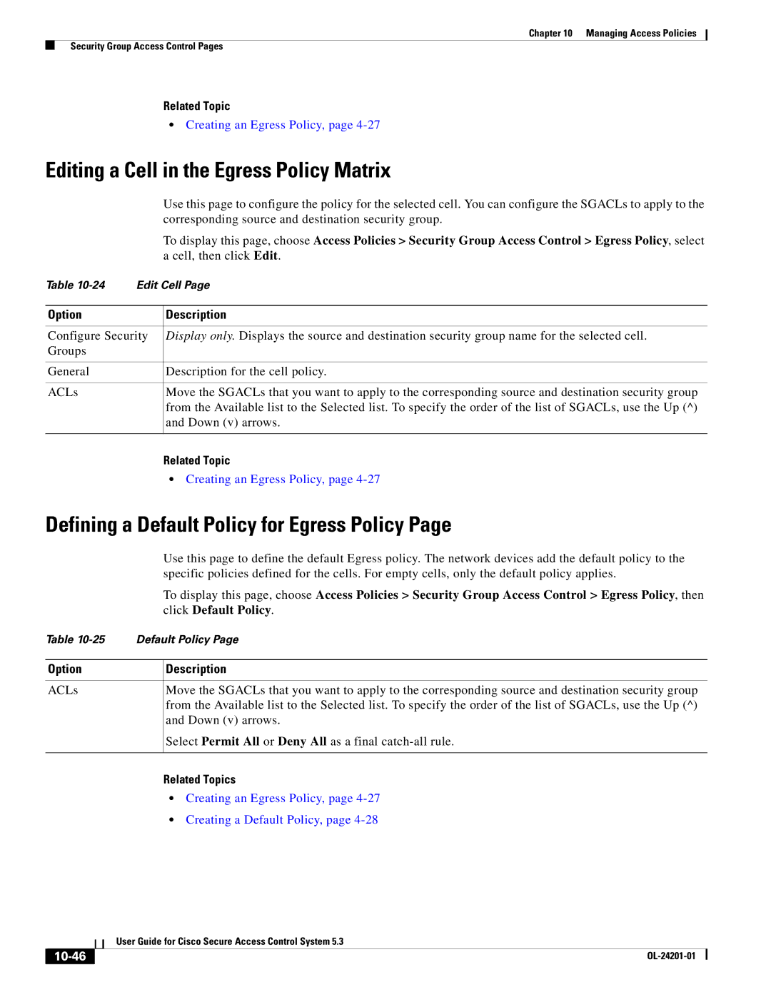 Cisco Systems OL-24201-01 Editing a Cell in the Egress Policy Matrix, Defining a Default Policy for Egress Policy, 10-46 