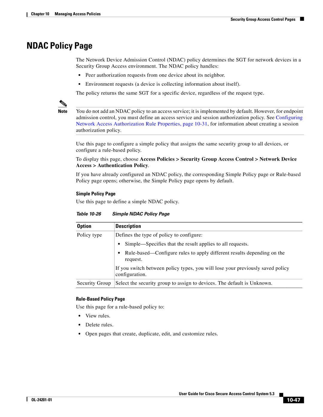 Cisco Systems OL-24201-01 manual Ndac Policy, Simple Policy, Rule-Based Policy, 10-47 