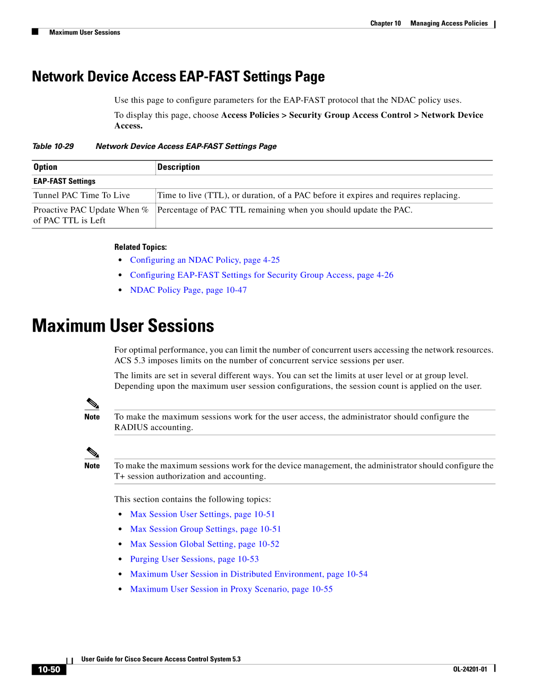 Cisco Systems OL-24201-01 manual Maximum User Sessions, Network Device Access EAP-FAST Settings, 10-50 