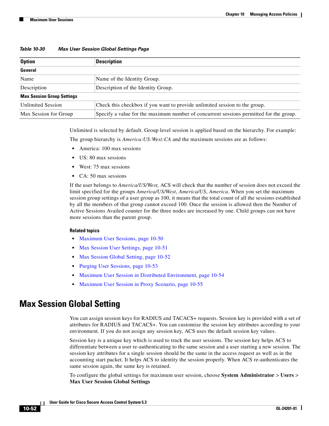 Cisco Systems OL-24201-01 manual Max Session Global Setting, Max User Session Global Settings, 10-52 