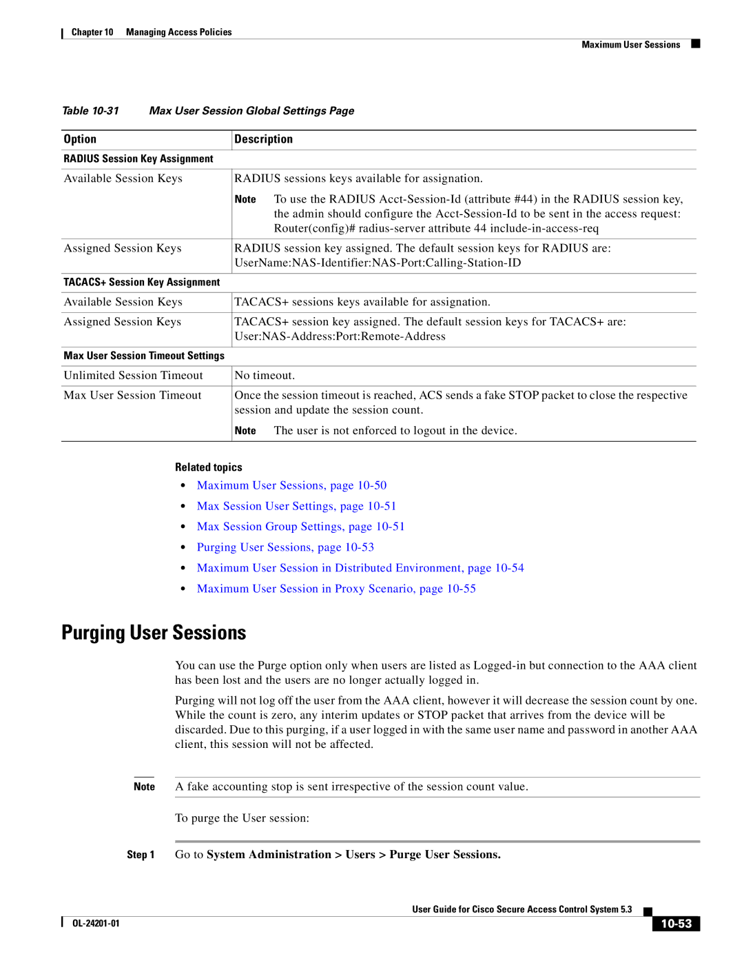 Cisco Systems OL-24201-01 manual Purging User Sessions, Go to System Administration Users Purge User Sessions, 10-53 