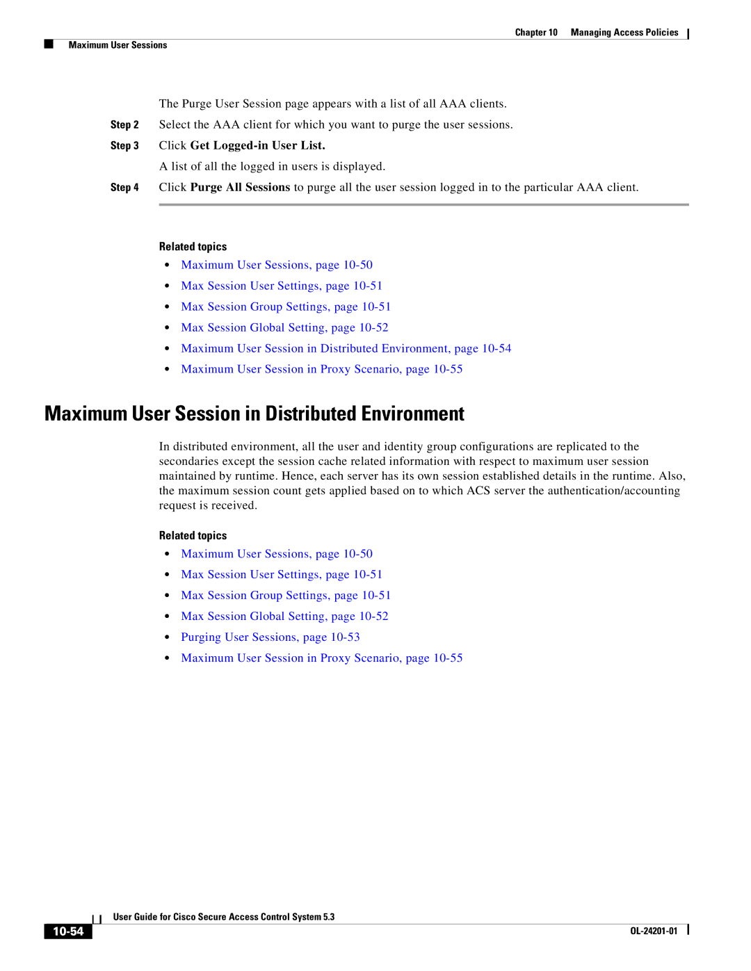 Cisco Systems OL-24201-01 manual Maximum User Session in Distributed Environment, Click Get Logged-in User List, 10-54 