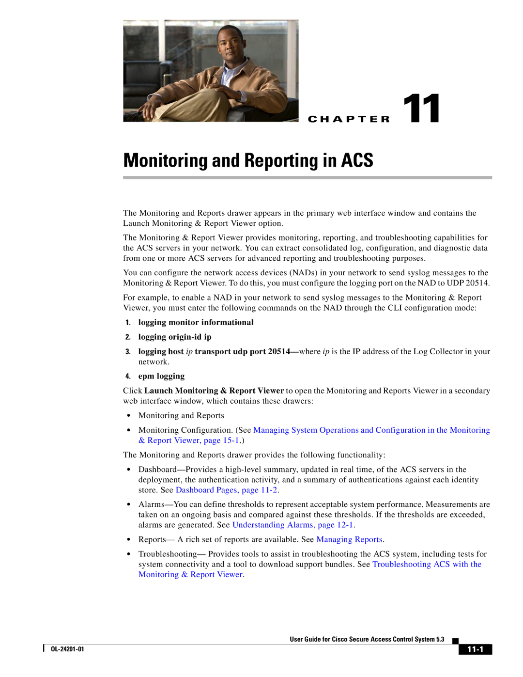 Cisco Systems OL-24201-01 manual Logging monitor informational Logging origin-id ip, Epm logging, 11-1 