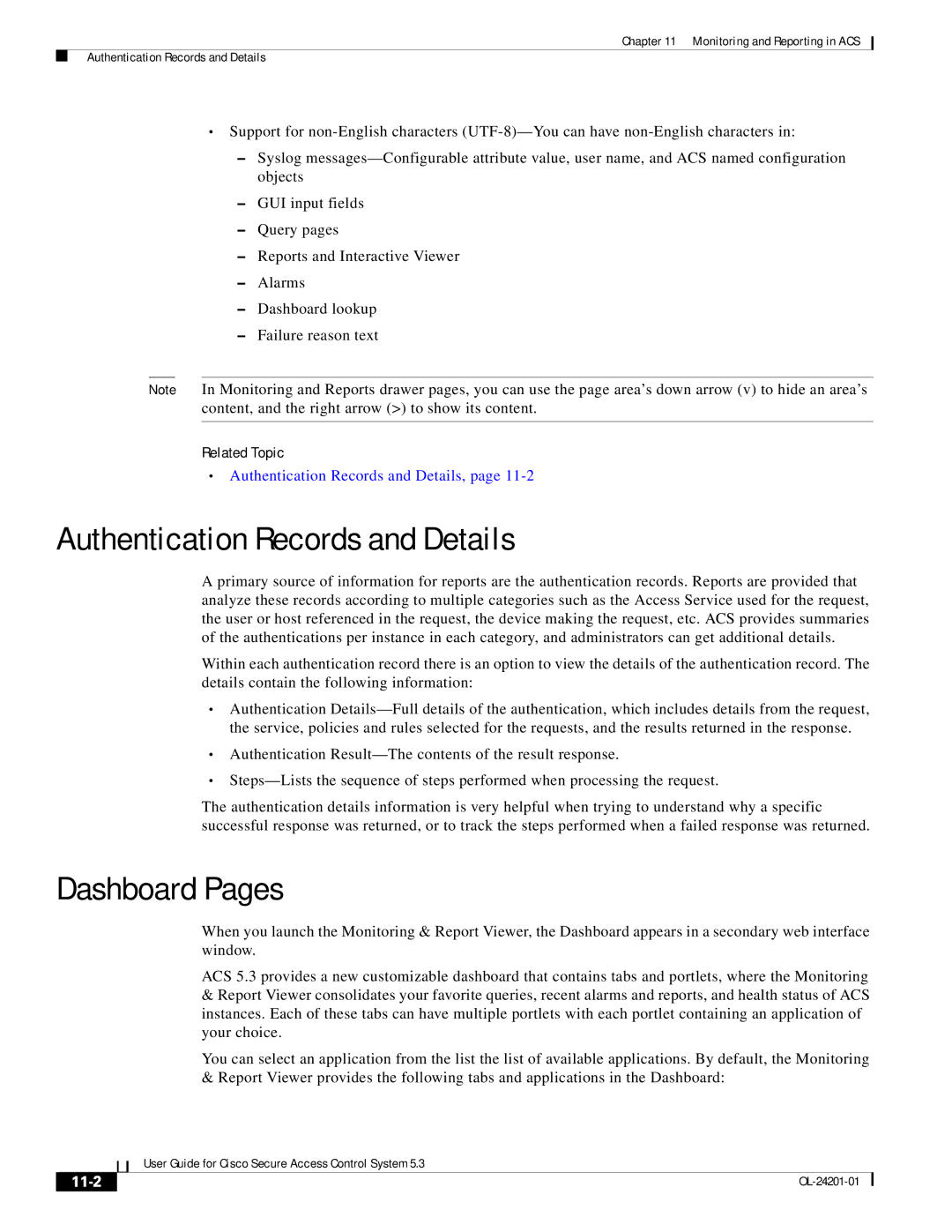 Cisco Systems OL-24201-01 manual Authentication Records and Details, Dashboard Pages, 11-2 