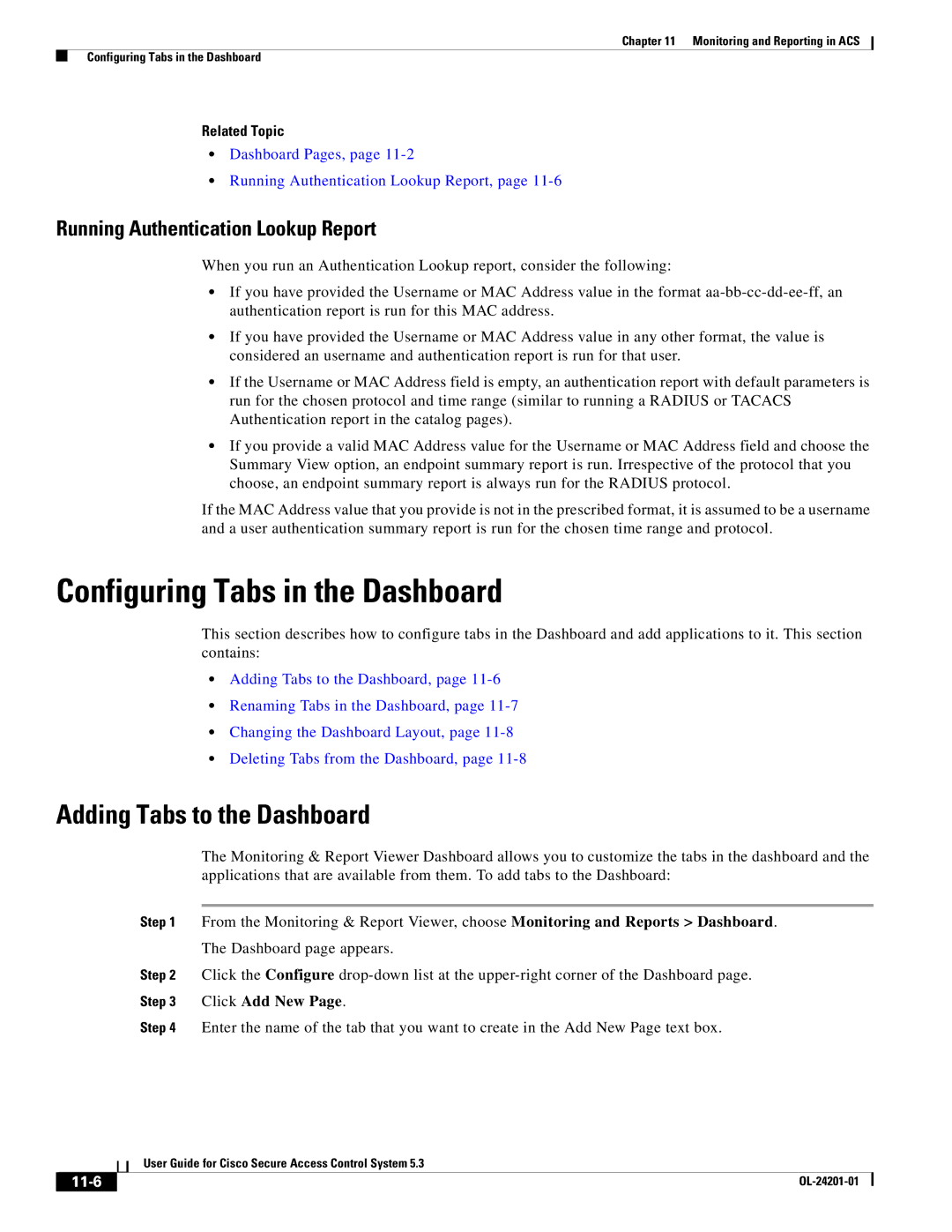 Cisco Systems OL-24201-01 manual Configuring Tabs in the Dashboard, Adding Tabs to the Dashboard, 11-6 