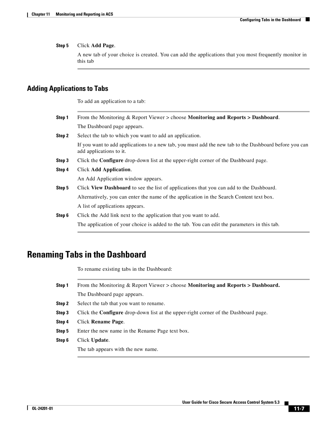 Cisco Systems OL-24201-01 manual Renaming Tabs in the Dashboard, Adding Applications to Tabs, 11-7 