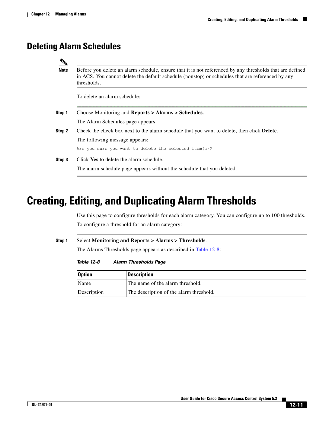 Cisco Systems OL-24201-01 manual Creating, Editing, and Duplicating Alarm Thresholds, Deleting Alarm Schedules, 12-11 