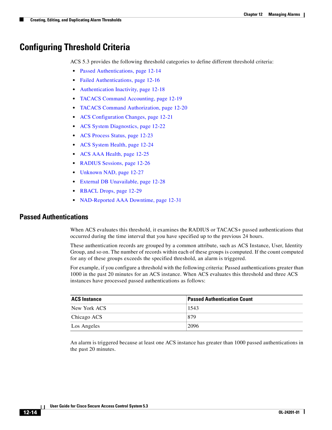 Cisco Systems OL-24201-01 manual Configuring Threshold Criteria, Passed Authentications, ACS Instance, 12-14 