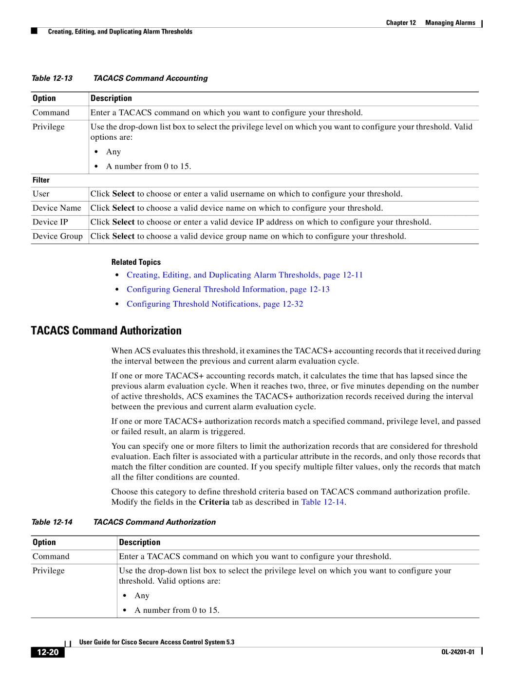 Cisco Systems OL-24201-01 manual Tacacs Command Authorization, 12-20 