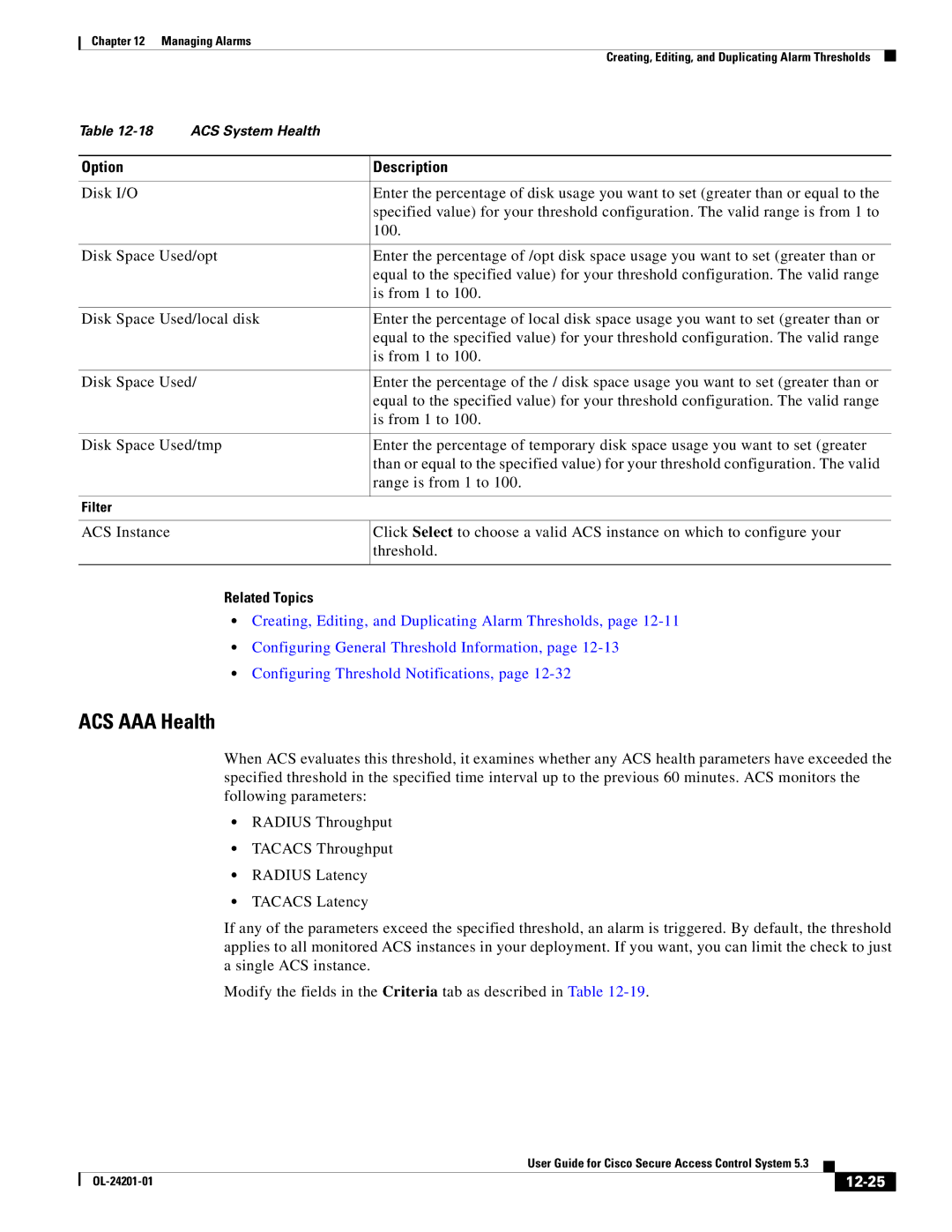 Cisco Systems OL-24201-01 manual ACS AAA Health, 12-25 