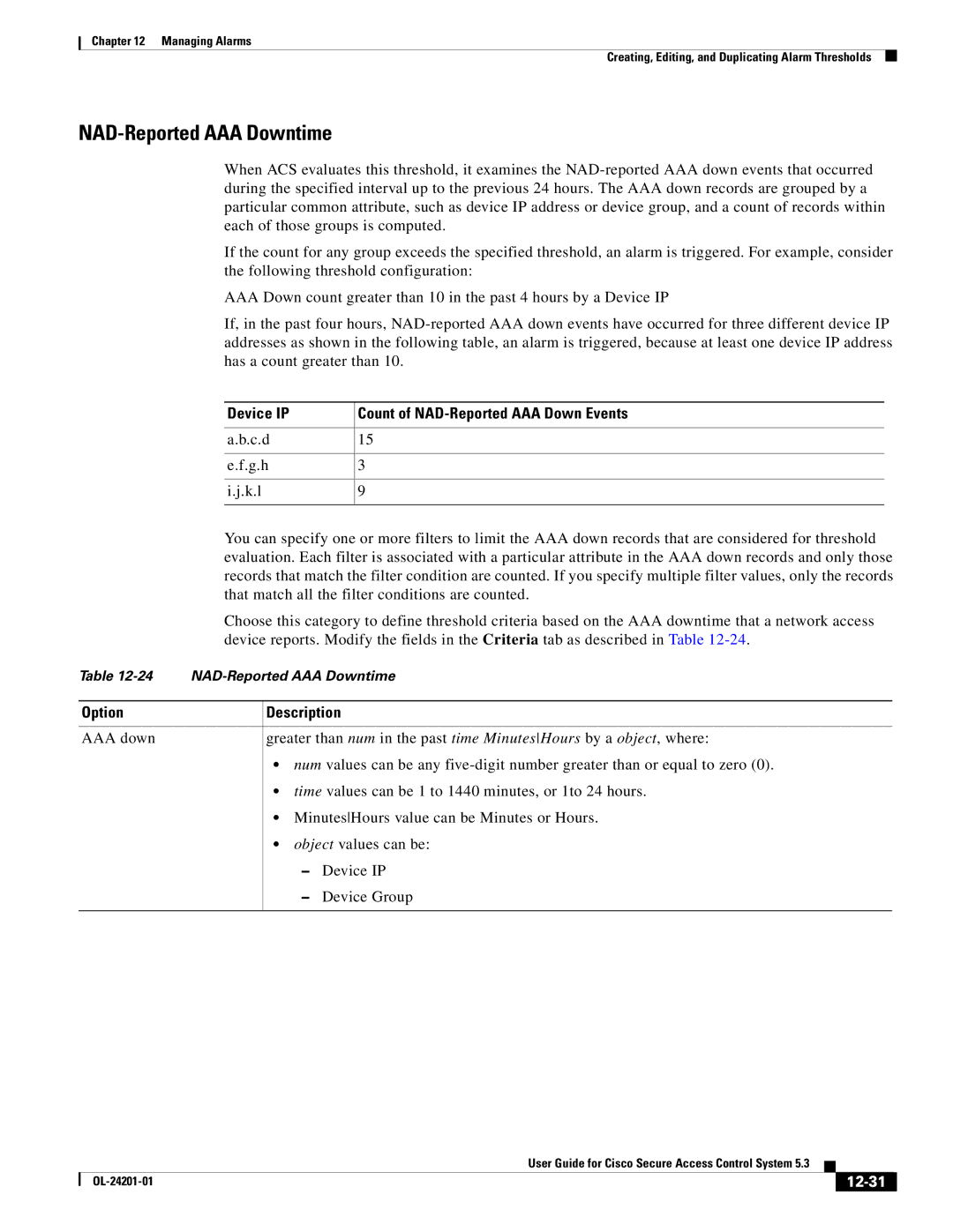 Cisco Systems OL-24201-01 manual NAD-Reported AAA Downtime, Device IP Count of NAD-Reported AAA Down Events, 12-31 