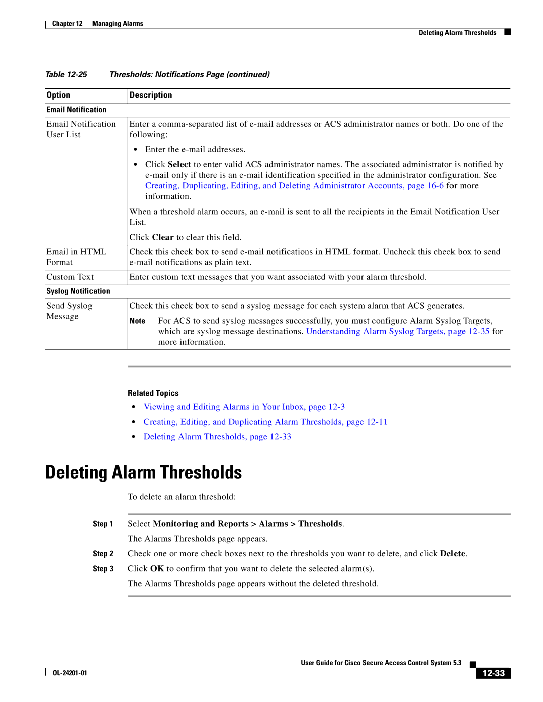 Cisco Systems OL-24201-01 manual Deleting Alarm Thresholds, 12-33 