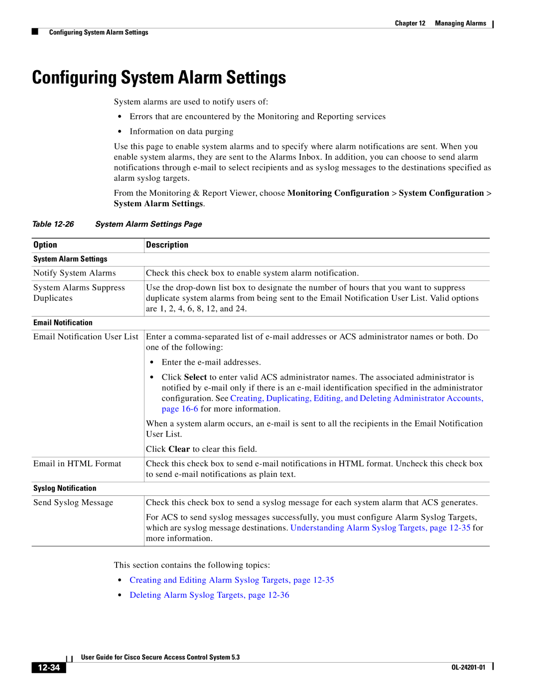 Cisco Systems OL-24201-01 manual Configuring System Alarm Settings, 12-34 