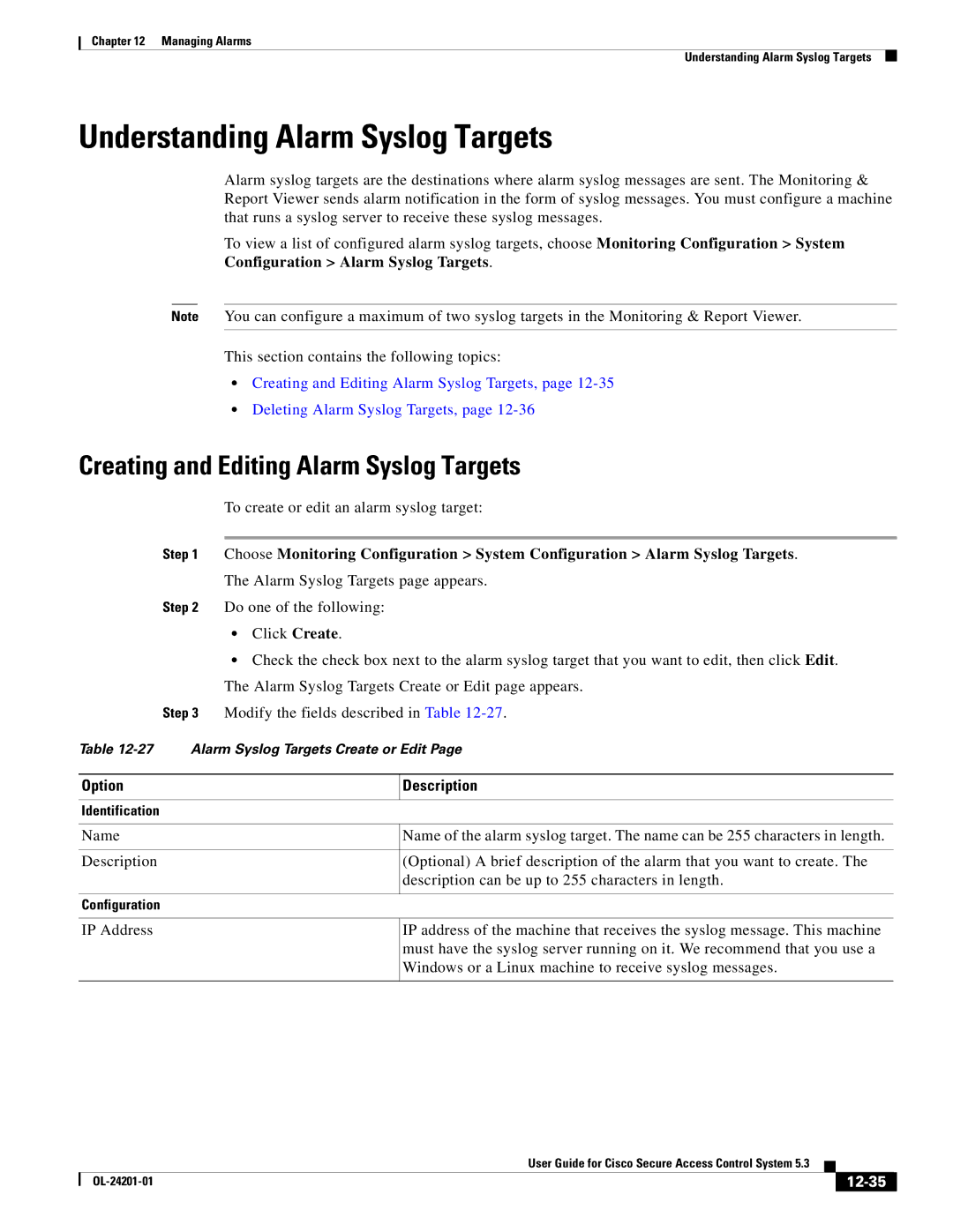 Cisco Systems OL-24201-01 manual Understanding Alarm Syslog Targets, Creating and Editing Alarm Syslog Targets, 12-35 