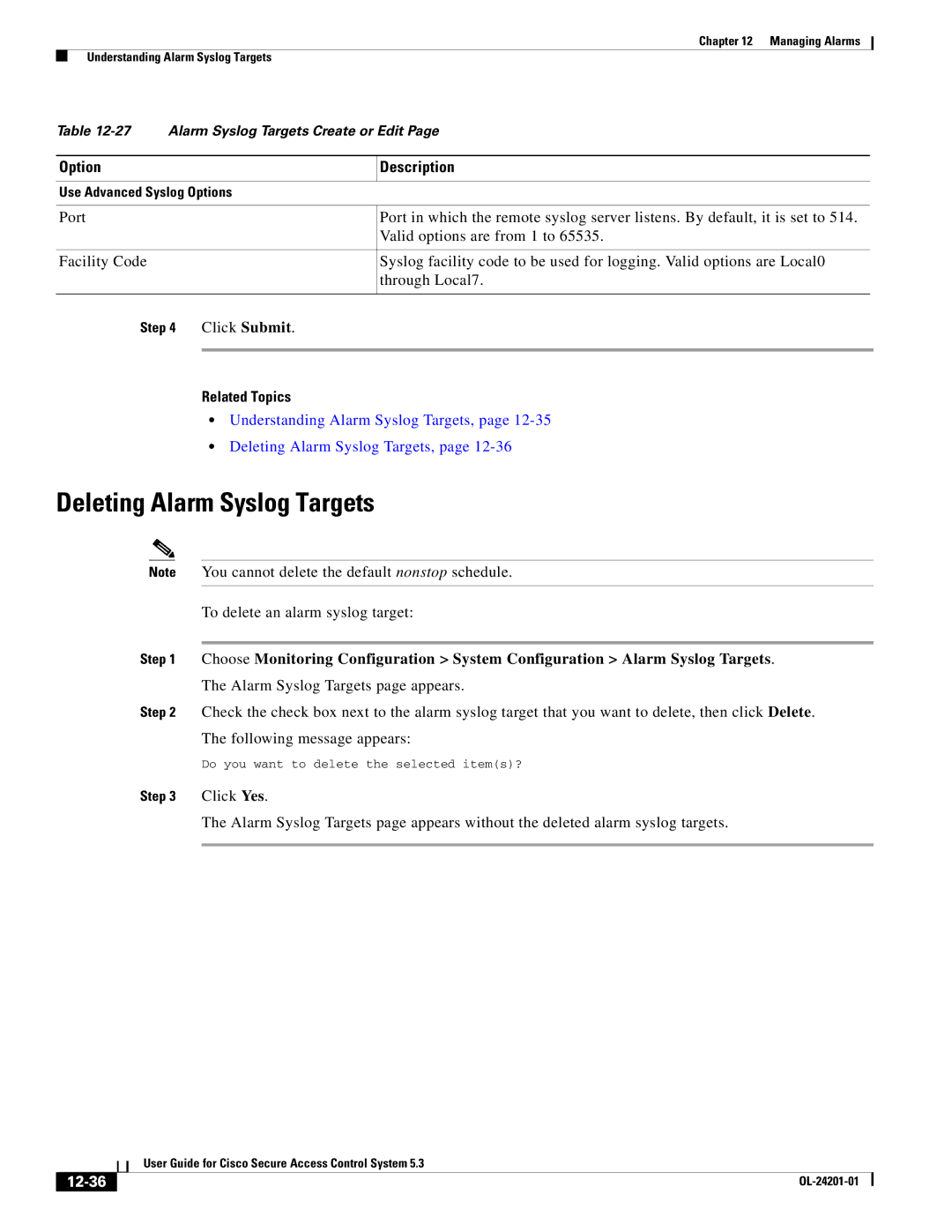 Cisco Systems OL-24201-01 manual Deleting Alarm Syslog Targets, 12-36 