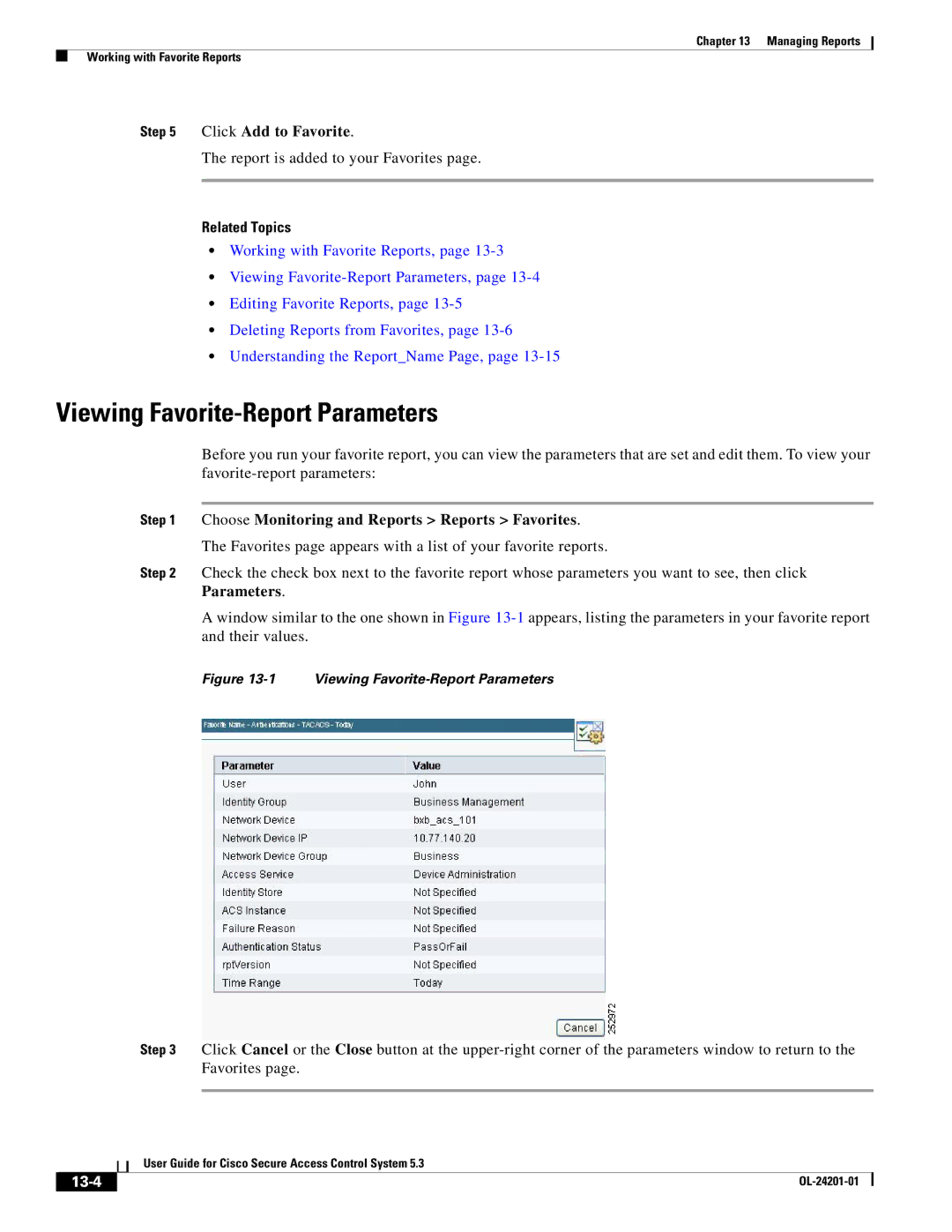 Cisco Systems OL-24201-01 manual Viewing Favorite-Report Parameters, Click Add to Favorite, 13-4 