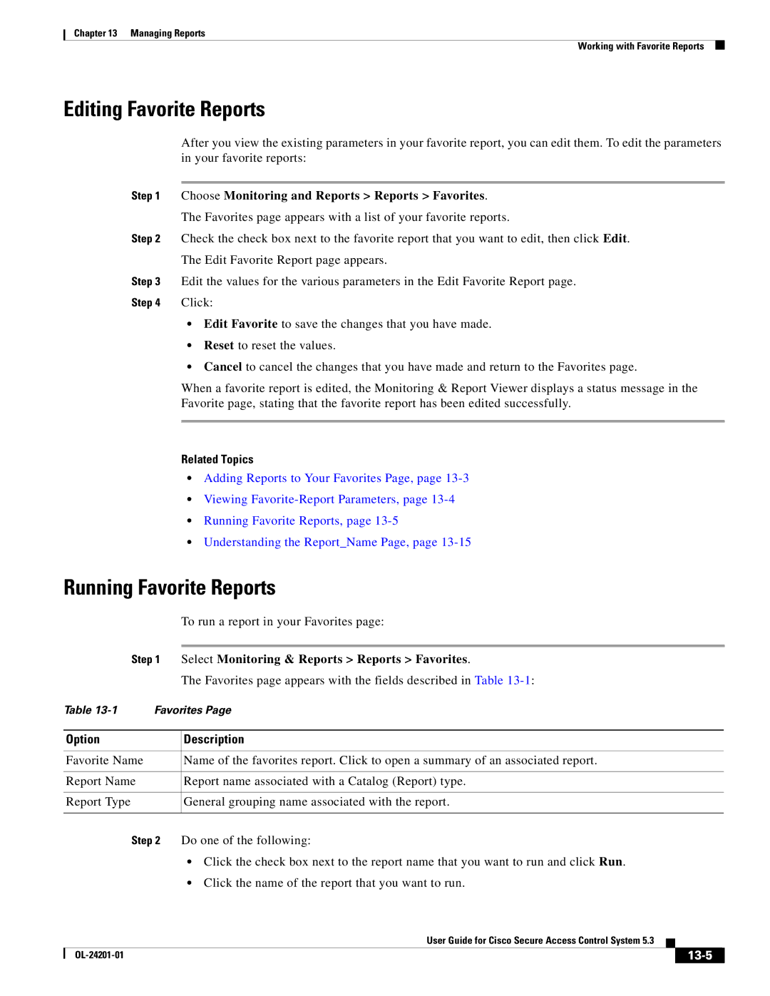 Cisco Systems OL-24201-01 manual Editing Favorite Reports, Running Favorite Reports, 13-5 