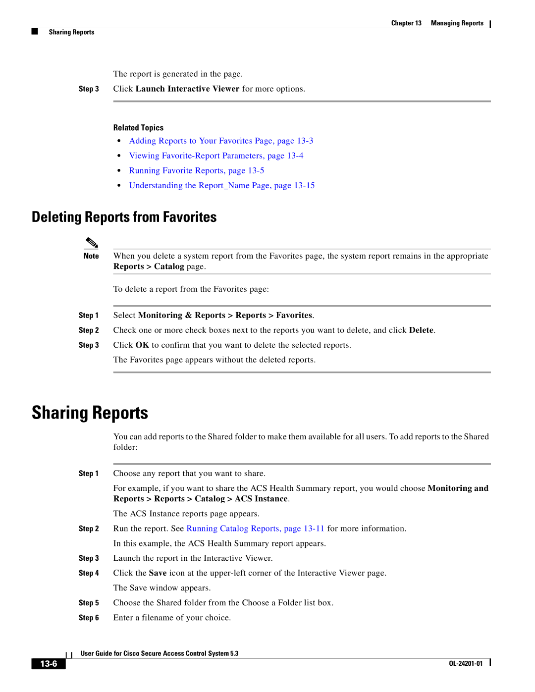 Cisco Systems OL-24201-01 Sharing Reports, Deleting Reports from Favorites, Reports Reports Catalog ACS Instance, 13-6 