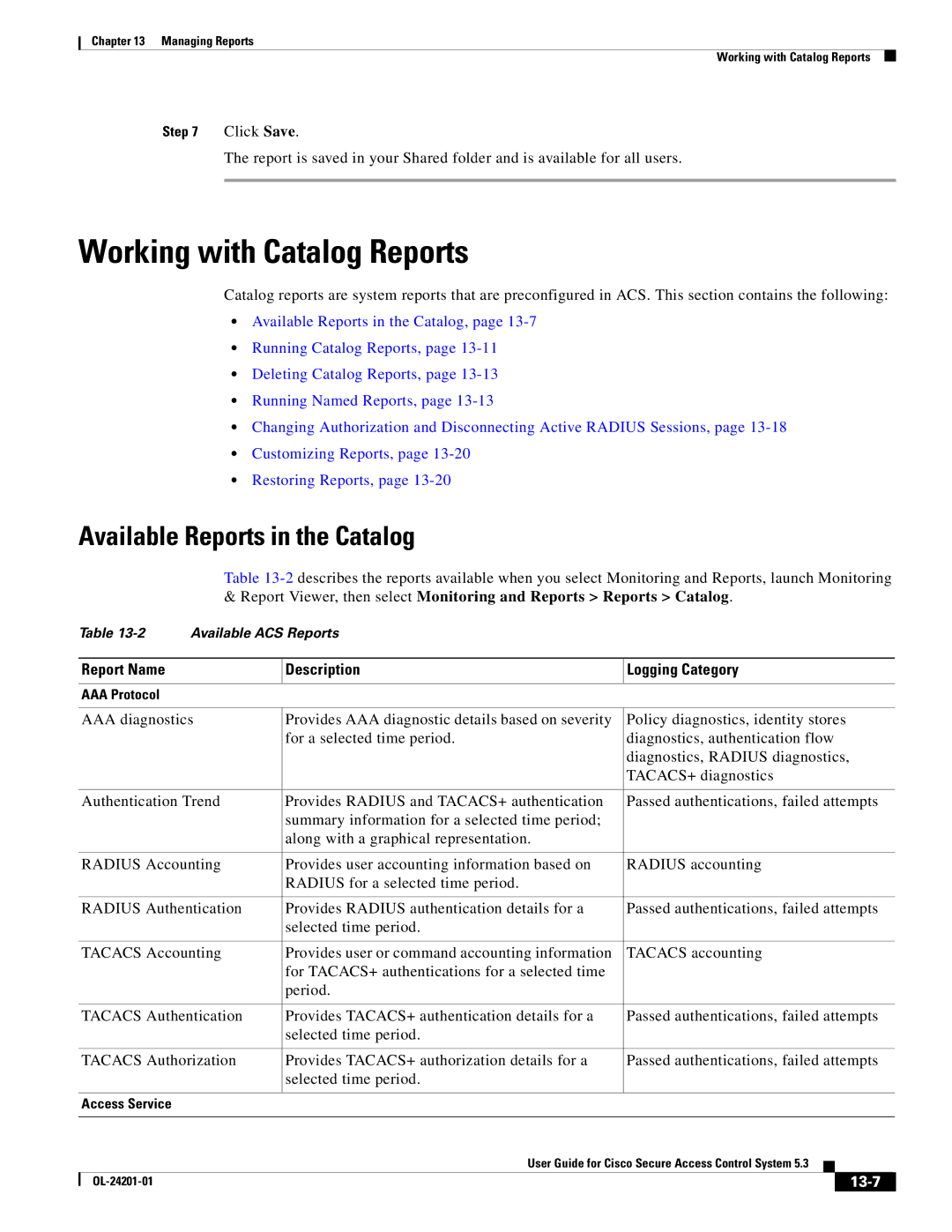 Cisco Systems OL-24201-01 manual Working with Catalog Reports, Available Reports in the Catalog, 13-7 