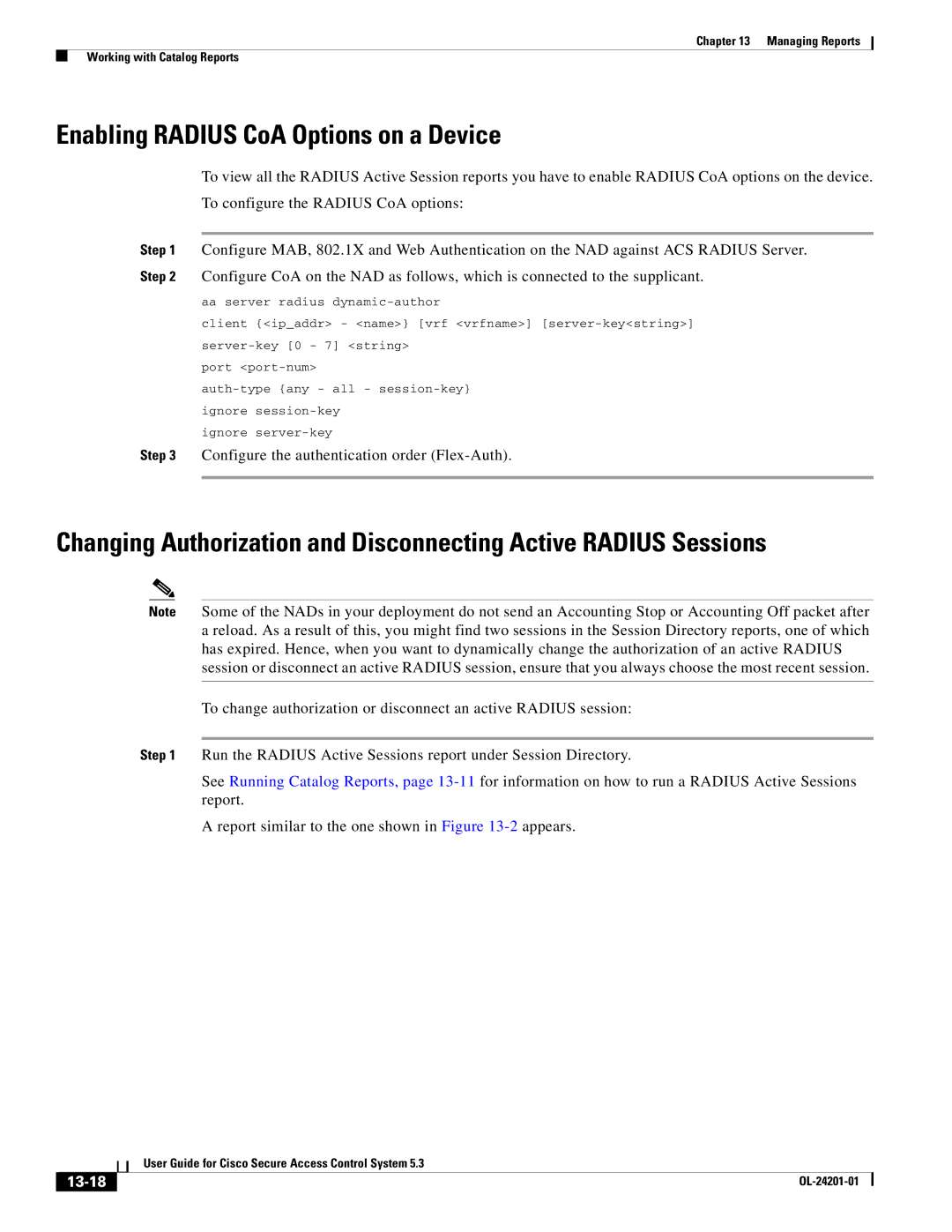 Cisco Systems OL-24201-01 manual Enabling Radius CoA Options on a Device, 13-18 