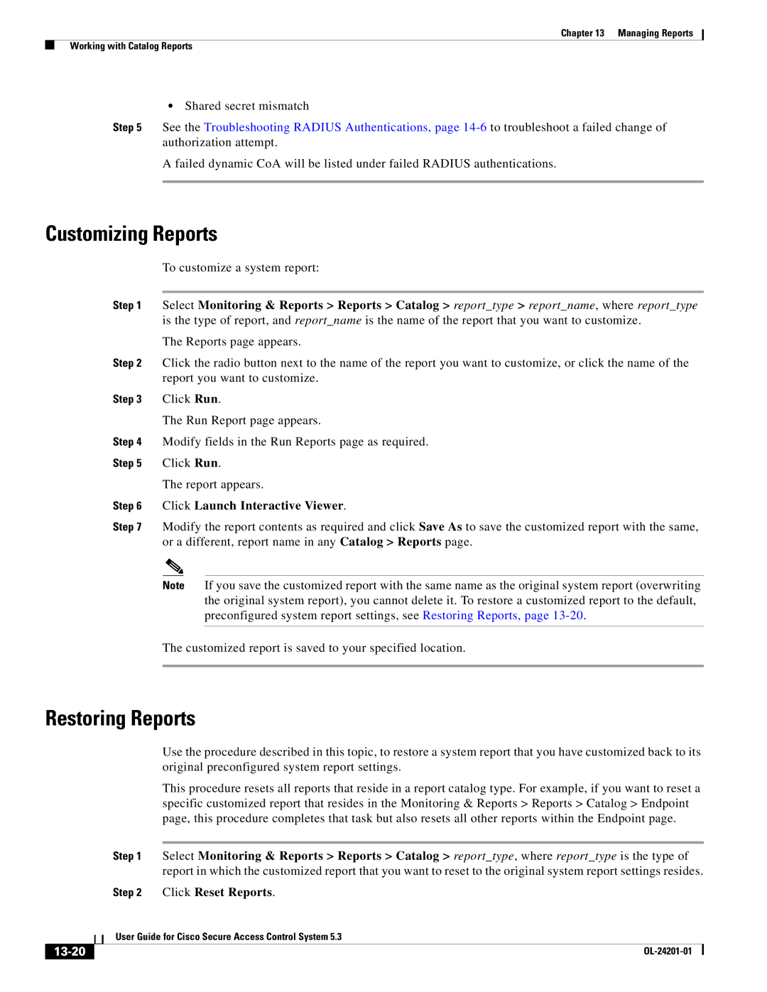 Cisco Systems OL-24201-01 manual Customizing Reports, Restoring Reports, Click Launch Interactive Viewer, 13-20 