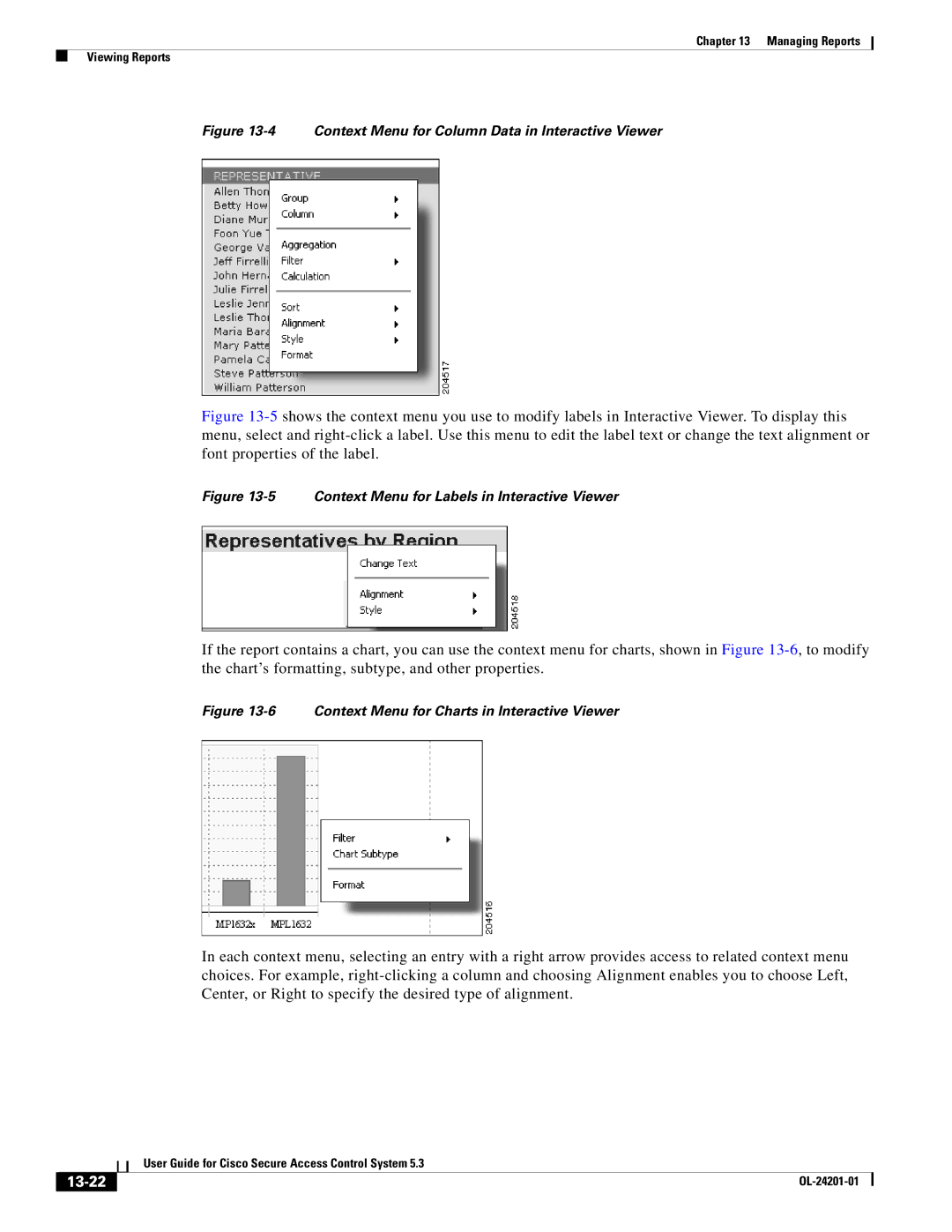 Cisco Systems OL-24201-01 manual 13-22, Context Menu for Column Data in Interactive Viewer 