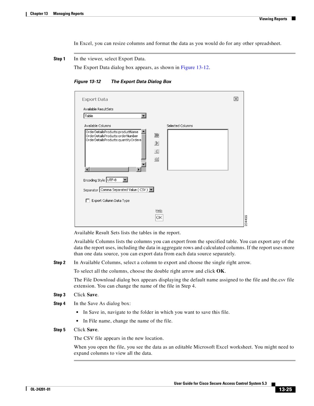 Cisco Systems OL-24201-01 manual 13-25, The Export Data Dialog Box 